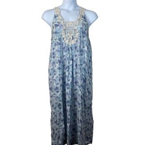 Soft Surroundings Large Long Night Gown Dress Maxi 100% Cotton Blue Purple Print